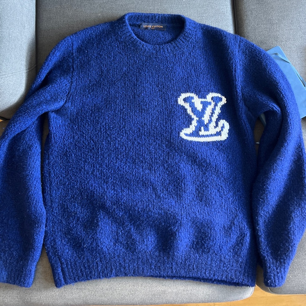 (SOLD) Louis Vuitton LV Intarsia Monogram Crewneck Blue Size XL